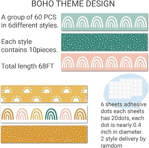 Miniatura 3 de Bordes de tablón de anuncios de arcoíris bohemio de 68 pies, decoraciones retro geniales para aula, bordes de arcoíris y sol, bordes de lunares para