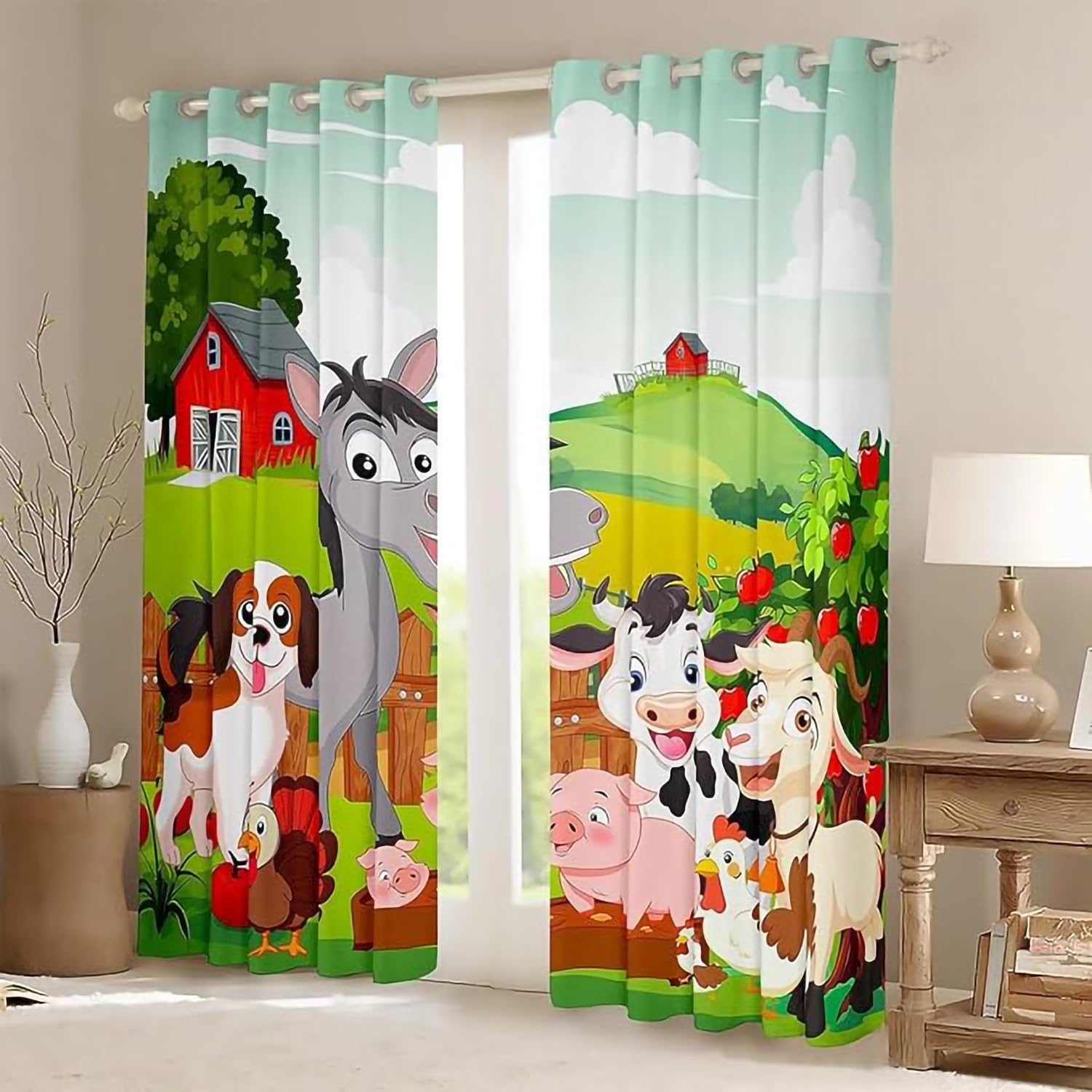 Cartoon Bauernhof Tiere Verdunkelungsvorhang Mit Ösen, Bauernhaus Landhausstil Blickdichte Vorhänge Hund Esel Schwein Milchkuh Schaf Huhn 220x215cm Für Jungen Mädchen Kinder Schlafzimmer