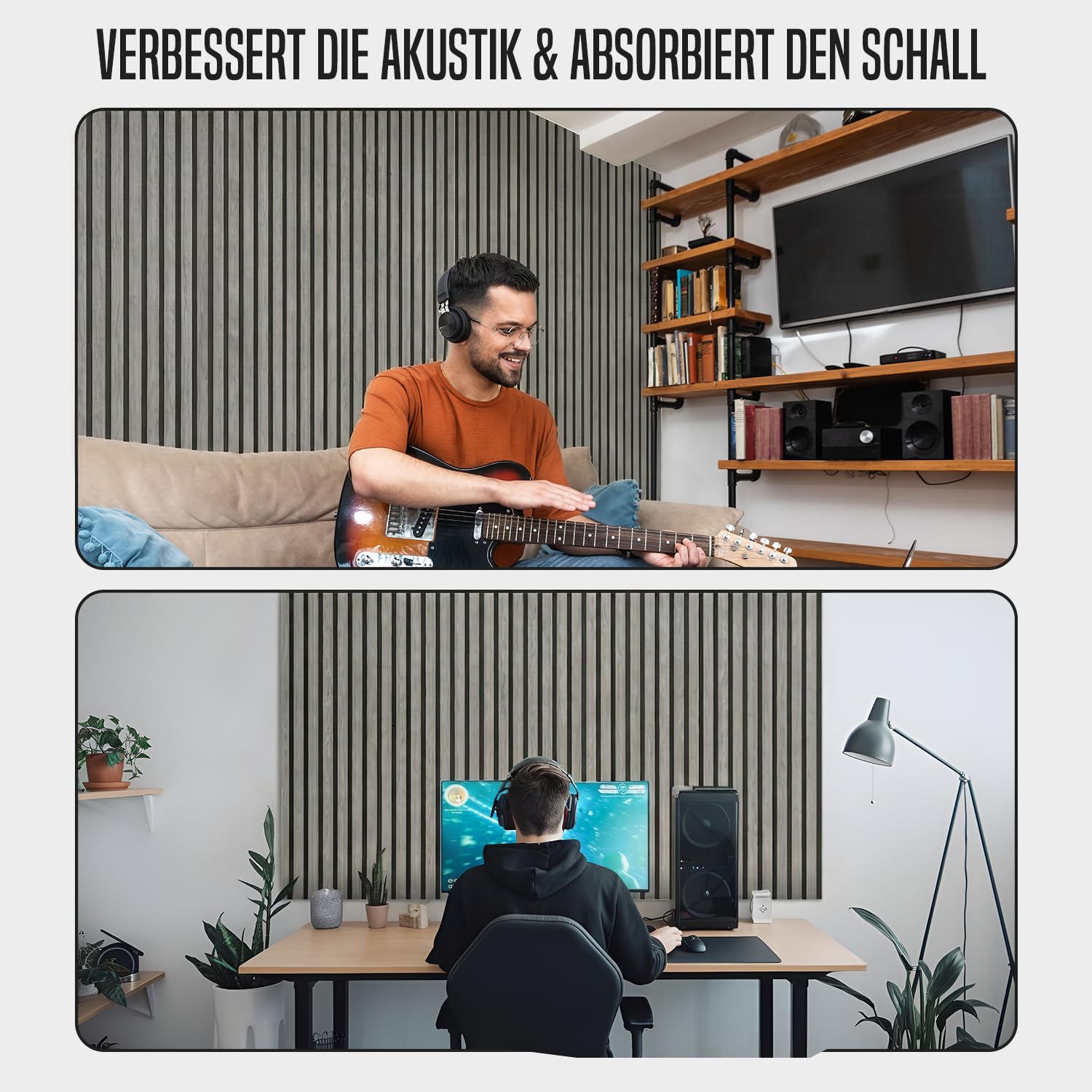 HOME LOVE Akustikpaneele Holz 2er Set 110x55 cm – Grau mit schwarzem Filz | Wandpaneele Holzoptik 3D | Akustik Paneele Grau | Holzpaneele Wand | Wandverkleidung Innen
