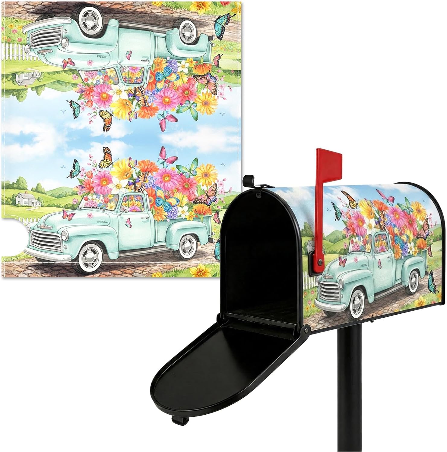 Mailbox Covers Magnetic Letter Box Wrap Beautiful Spring Flower Butterfly & Truck Design Mailbox Magnetic Standard Wrap Covers Spring Waterproof Post Wraps for Outside, 21 X 18 Inch