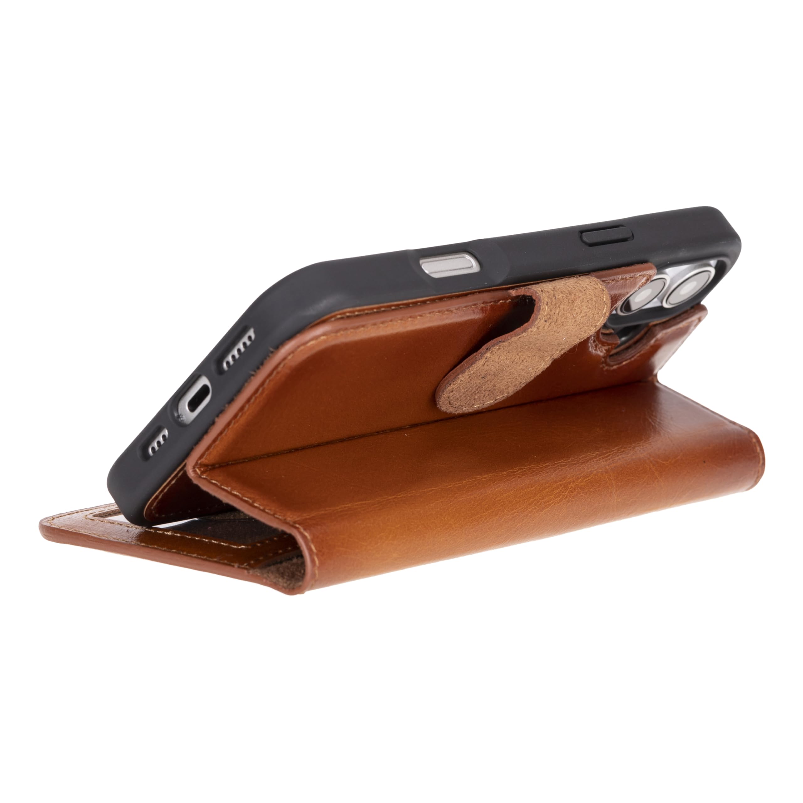 Funda tipo cartera de piel auténtica compatible con iPhone 16 (6.1 pulgadas), bloqueo RFID, tarjetero, soporta carga compatible con MagSafe, cierre magnético (bronceado rústico)