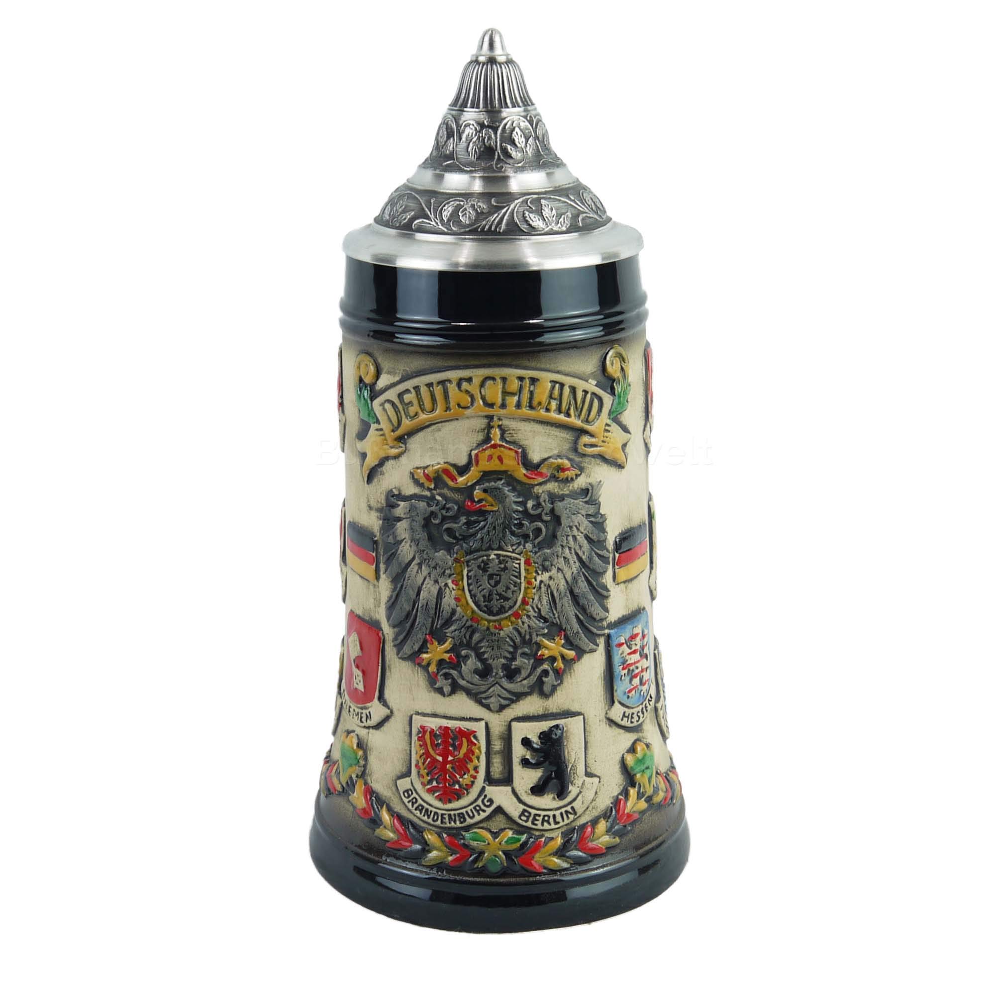 A-Z Super Preiswert Bierkrug Deutschland Rustika 0,5L mit Zinndeckel, Keramik, Bierkrug, Zylinder, 500 Milliliter, Zuhause