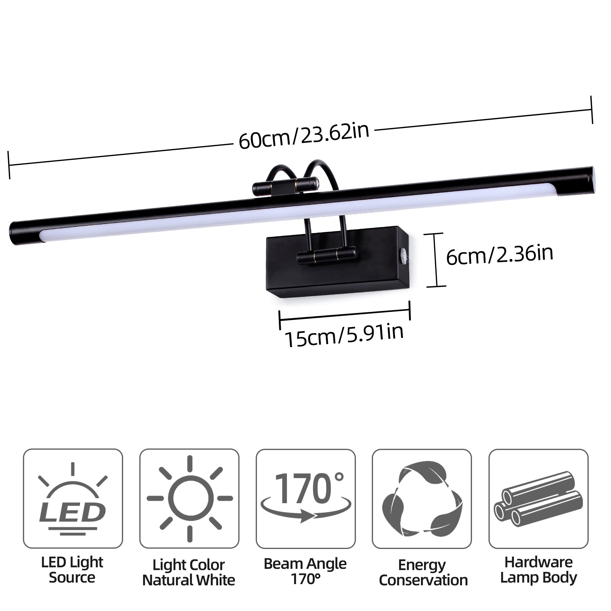 LED Spiegelleuchte Badezimmer 60cm 12W 3 Farbtemperaturen Dimmbar Stufenlos Dimmbar LED Bilderleuchte mit Schwenkbarem Lampenkopf Wandleuchte Arc Arm Spiegel Beleuchtung Lampe