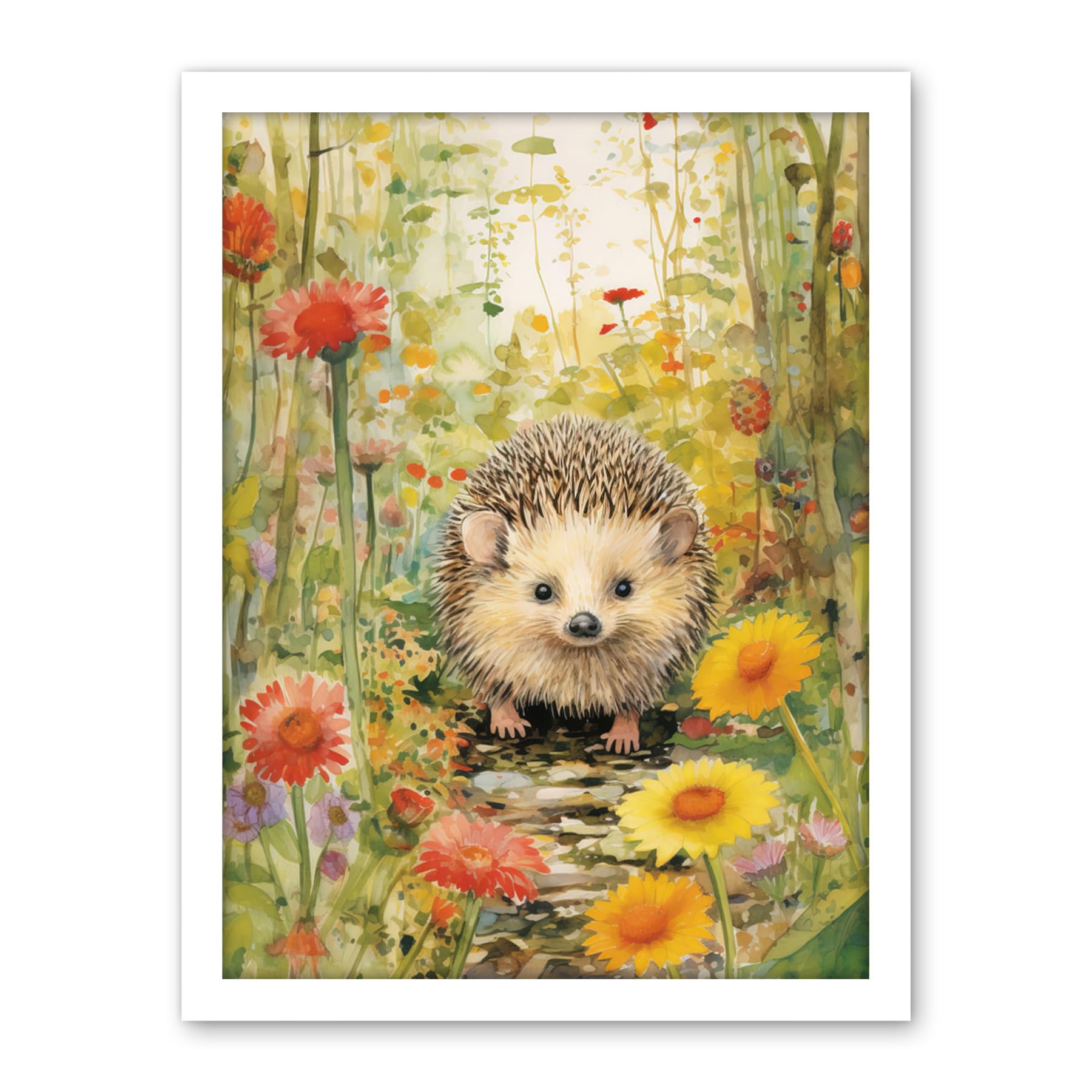 Artery8 Adorable Hedgehog in a Wildflower Meadow Watercolour Painting Kids Bedroom Cute Woodland Creature Artwork Framed Wall Art Print 18X24 Inch