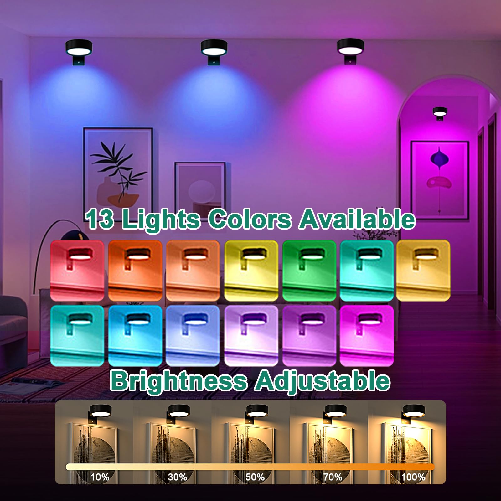 JIMACRO 3 Stück Magnetisches LED Malerei Licht, RGB Aufladbar LED Spot mit Fernbedienung, Lichter Schlafzimmer Wohnzimmer Bildbeleuchtung Leuchte, Vitrinenbeleuchtung Kabellos für Bilderrahmen Bilder
