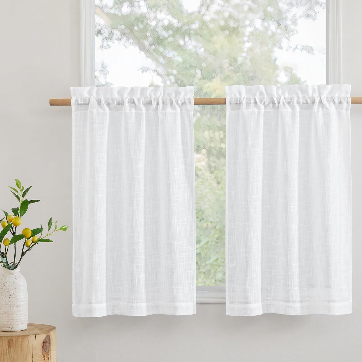 RYB HOME Cafe Curtains 24 inches Length, Linen Sheer Short Curtains for Small Window, Half Privacy Light Filetring Window Tier Valance for Kitchen Bathroom, W 26 x L 24, White, 2 Panels Set White 26"W x 24"L (Pack of 2)