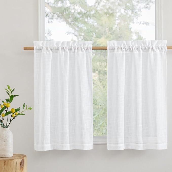 Renaiss Green Kitchen Window Curtains 26x24 Inch - Light Filtering, Linen Texture, Rod Pocket, 2 Panels, For Bathroom, Cafe, RV