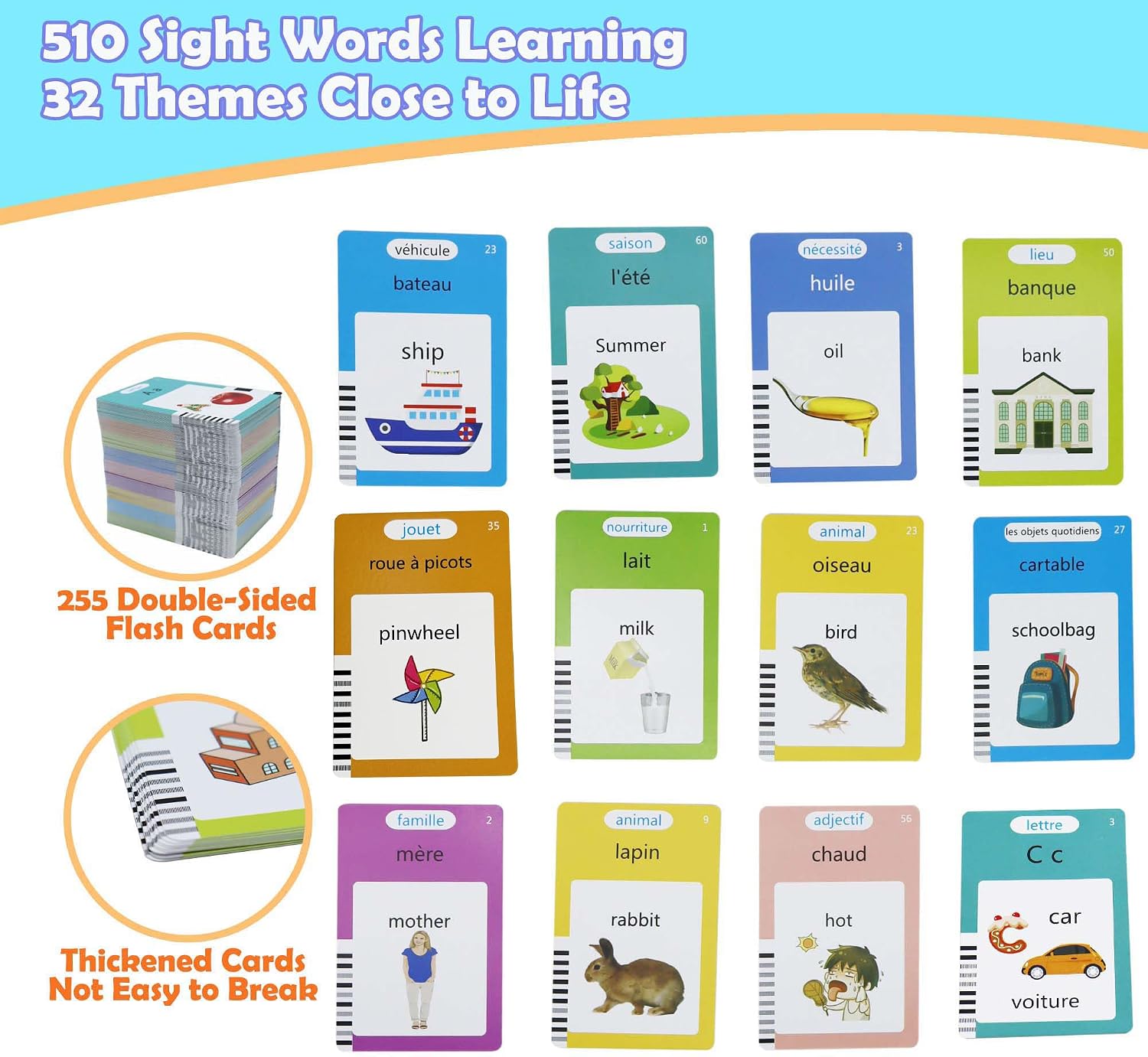 MAYAPHILOS English and French Talking Flash Cards with 510 Sight Words Learning Educational Toys to Learn French Pocket Speech Audible Flashcards for Toddlers
