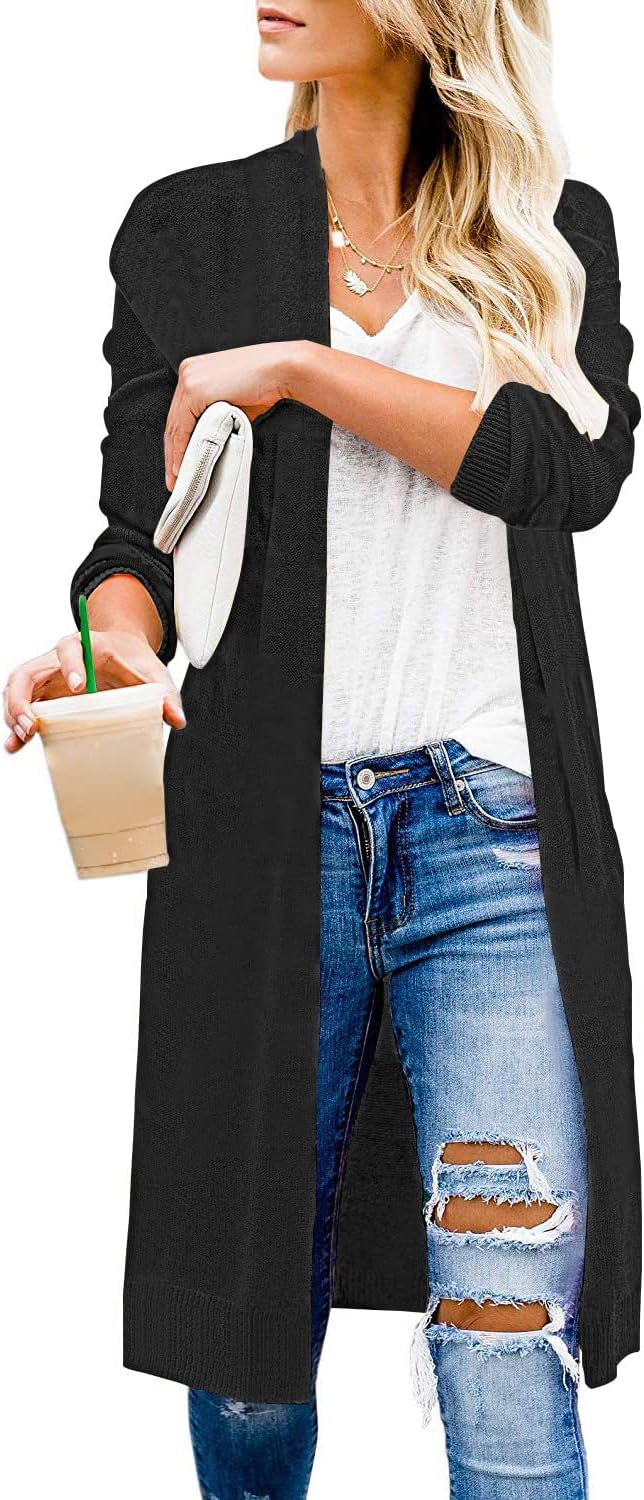 CARDYDONY Women's Long Cardigan Open Front Color Block Cardigan Knit Sweaters