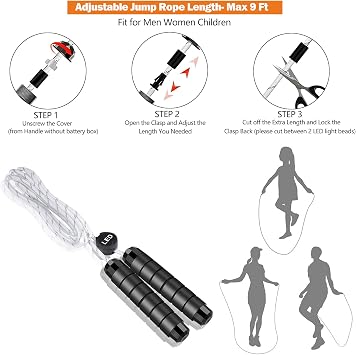 LED Jump Rope with Lights, USB Rechargeable Light Up Jumping Rope for Men Women Multi-color Glowing Skipping Rope for Light Show, 9 Ft -Adjustable