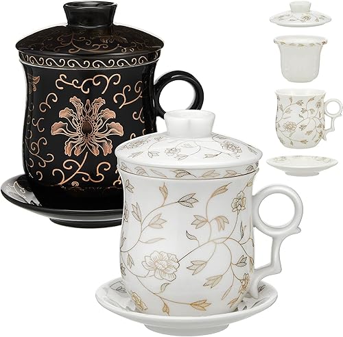 Tioncy Juego de 2 tazas de té de porcelana con tapa de infusor y platillo, taza de café de cerámica hecha a mano china Kung Fu, sistema de