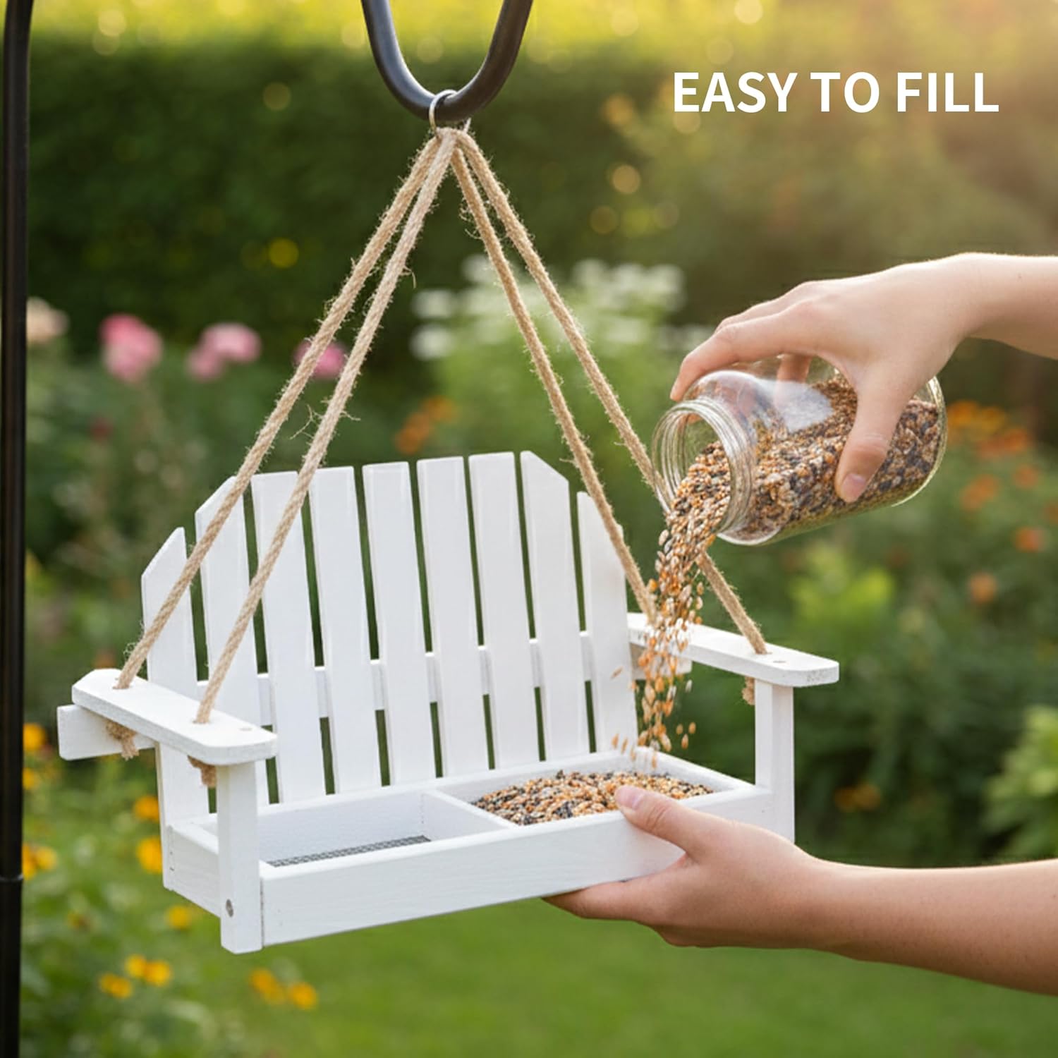 Solution4Patio White Swing Bird Feeder, Squirrel-Proof Metal Mesh Tray with Bench Design, High-Capacity Rust-Resistant Hanging Bird Feeder for Porch & Yard Décor – Easy Fill & Clean