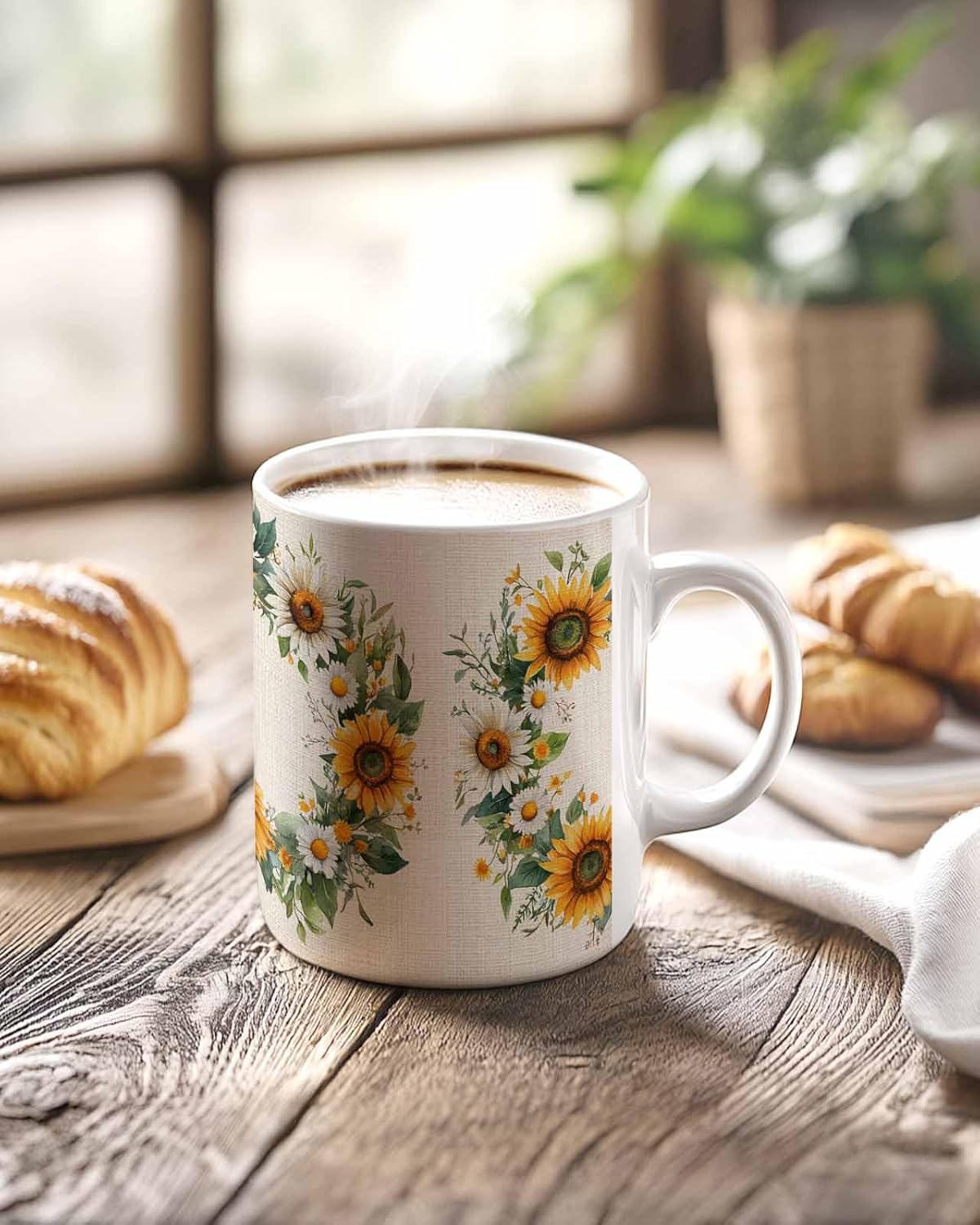BEMIGO Ceramic Coffee Mug Spring Summer Sunflower Daisy Ceramic Mug White Cup, Watercolor Pastoral Style Insulated Coffee Cup with Handle with Pattern Perfect for Tea and Hot Beverages, 12oz