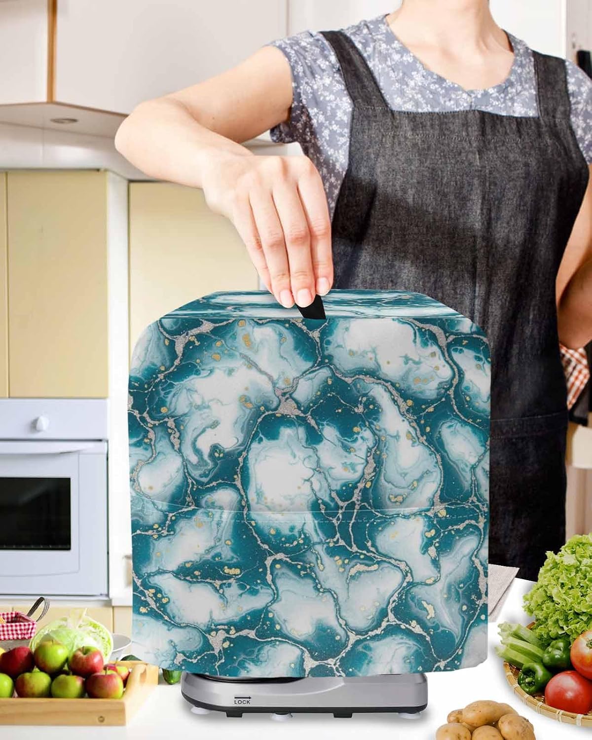 White Dark Green Marble Stand Mixer Cover with Storage Pocket, Waterproof Kitchen Mixer Covers, Modern Abstract Art Marble Crack Kitchen Appliance Dust Cover Compatible with 5-8 Quart Mixers