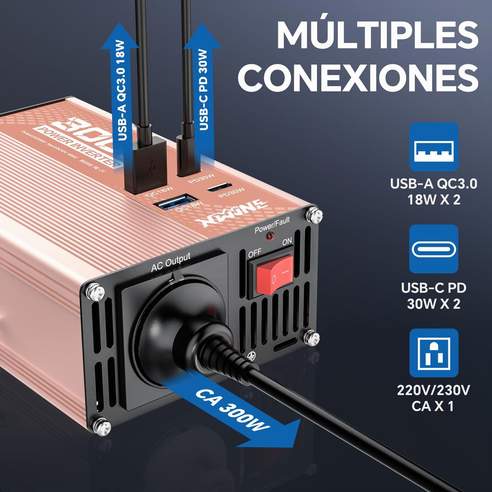 XWJNE 300W Inversor 12V a 220V, Convertidor para Coche con 1 Enchufe EU, 2 Puertos USB-A, 2 Puertos USB-C, Inversor de Corriente Onda Sinusoidal Modificada con Enchufe de Mechero y Protección Múltiple