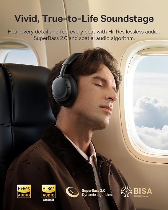 Baseus MH1 Bluetooth Headphones,48 dB Highly Effective Noise Cancellation, Monolithic Headband Headphones with Hi-Res & LDAC, 80 Hours Playtime, 5-Mik Crystal Clear Calls, CloudComfort Soft