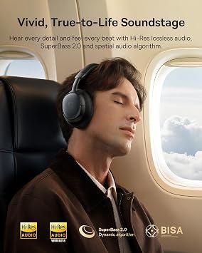 Baseus MH1 Bluetooth Headphones,48 dB Highly Effective Noise Cancellation, Monolithic Headband Headphones with Hi-Res & LDAC, 80 Hours Playtime, 5-Mik Crystal Clear Calls, CloudComfort Soft