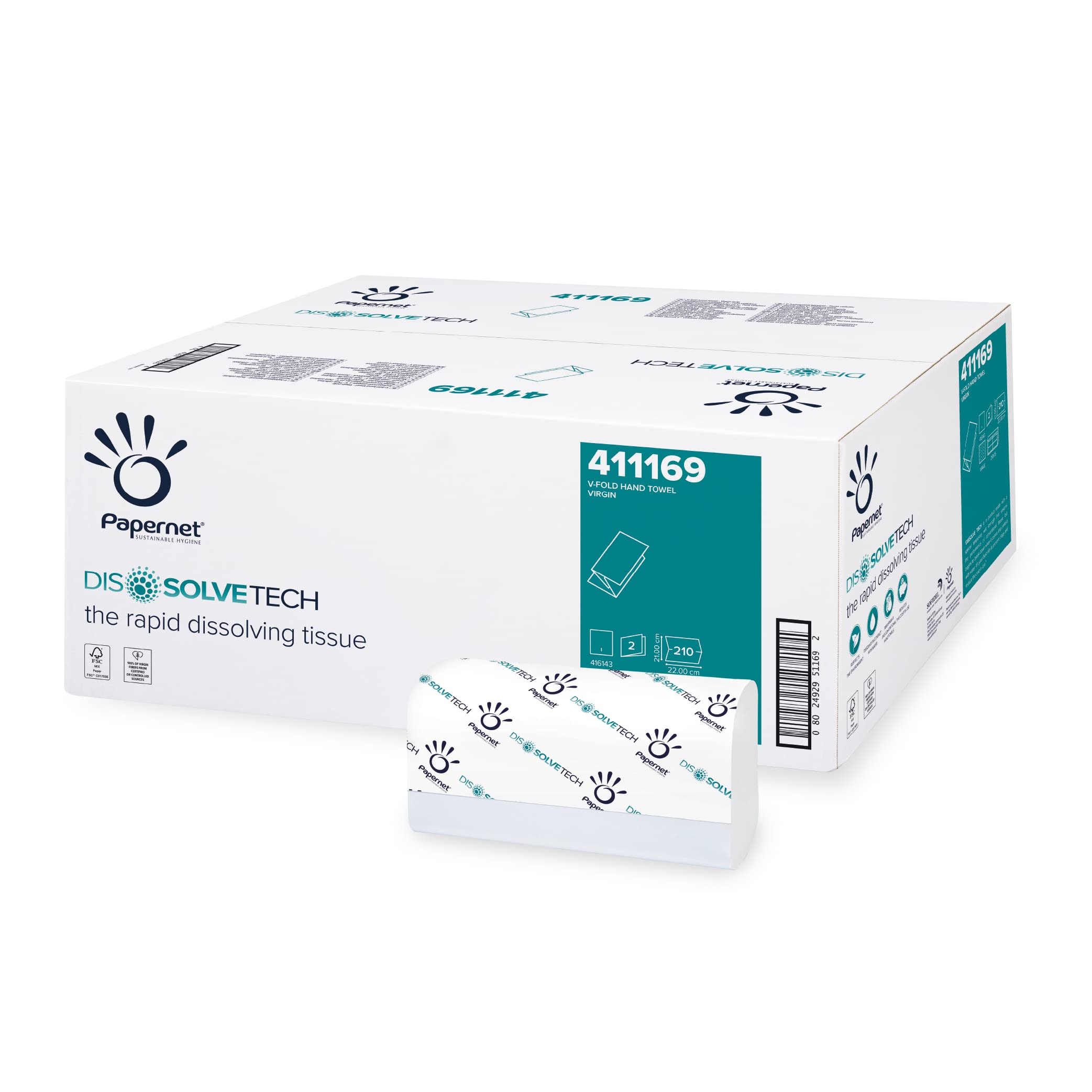 Papernet Dissolve Tech - Essuie-mains Pliée en V 411169, 3150 Serviettes Jetables en Papier, 2 Plis, Dimensions Ouvertes 22x21 cm