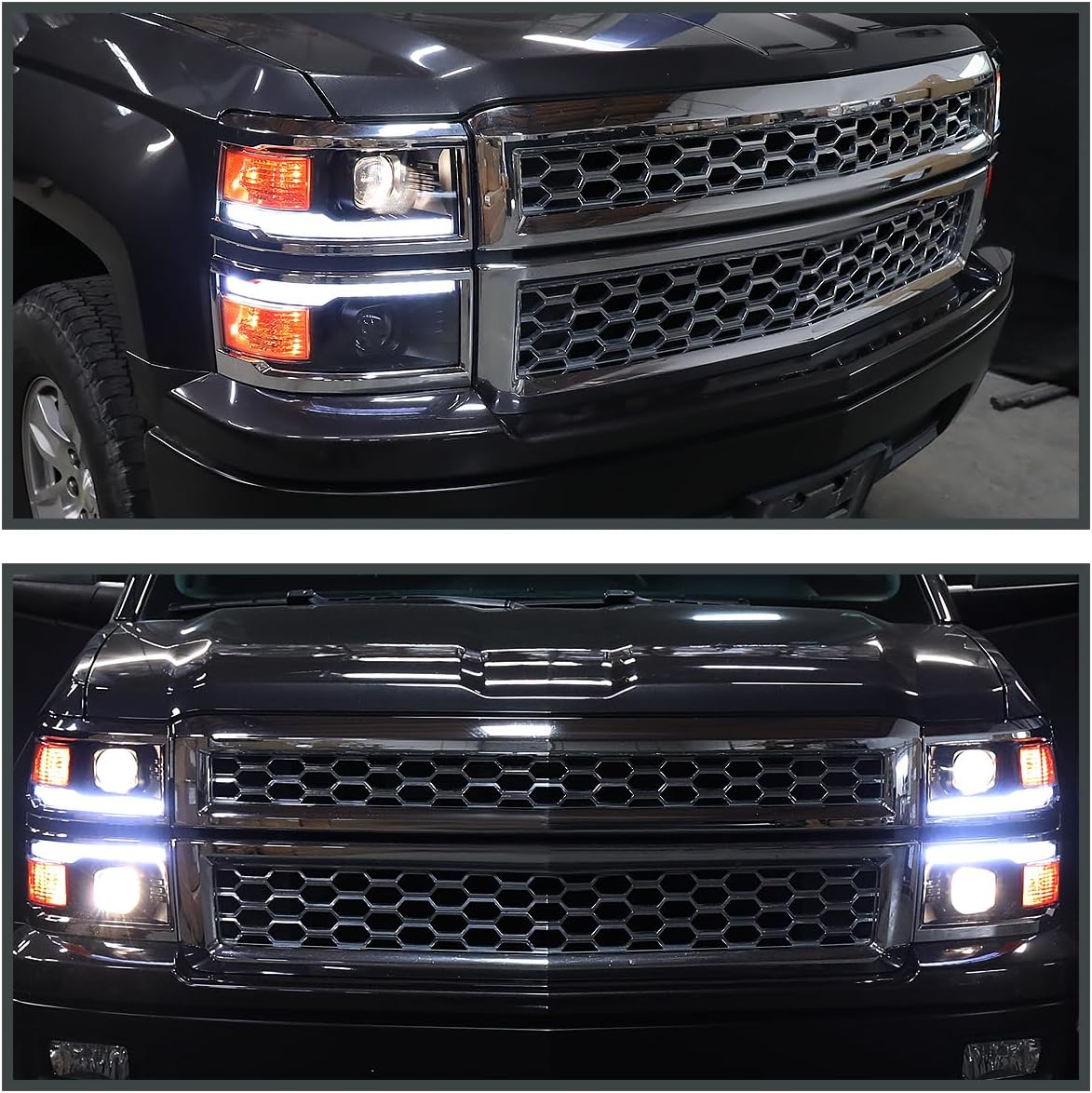 SPEC-D TUNING Black w/Silver Trim Projector Headlights w/Sequential Switchback LED Strip and Startup Animation Compatible with 2014-2015 Chevy Silverado 1500, Left + Right Pair Headlamps Assembly