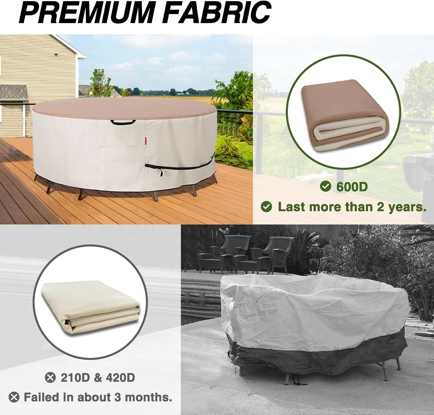 Porch Shield Round Patio Furniture Cover - Waterproof 600D Heavy Duty Outdoor Table and Chairs Cover 62 inch, Light Tan & Khaki