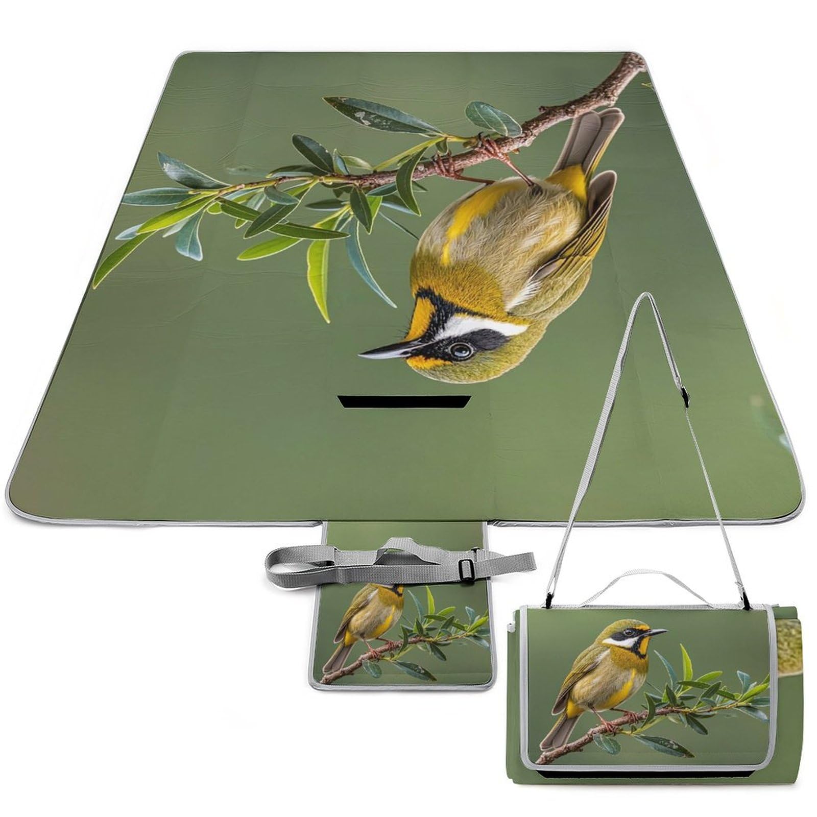 Tappetino da picnic con uccelli in fiore verde oliva, tappetino pieghevole impermeabile con borsa tote grande tappetino da picnic all'aperto 147,3 x 147,3 cm coperta da campeggio per spiaggia