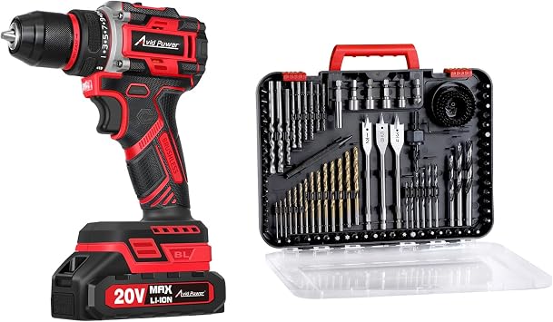 AVID POWER 20V Brushless Power Drill Set with 2.0Ah Battery and Charger, 355 In-lbs Torque, 2-Variable Speed, 26 Position bundle with 100Pcs Drill Bit Set