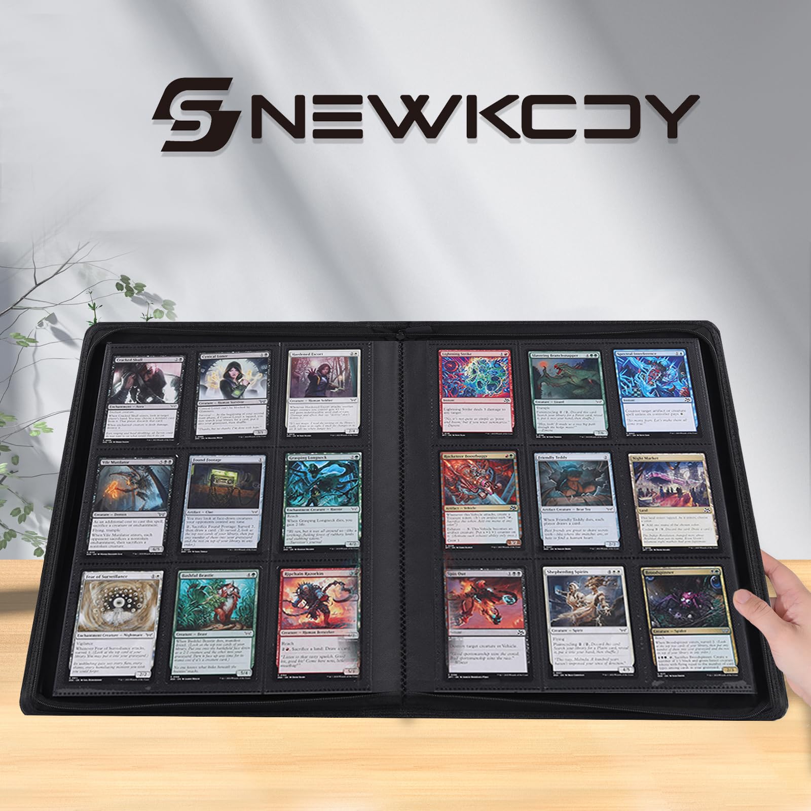 Snekdy - Raccoglitore per carte collezionabili a 360 tasche, 9 tasche, copertina in pelle PU impermeabile con caricamento laterale, per carte da gioco, baseball, basket e sport (nero)