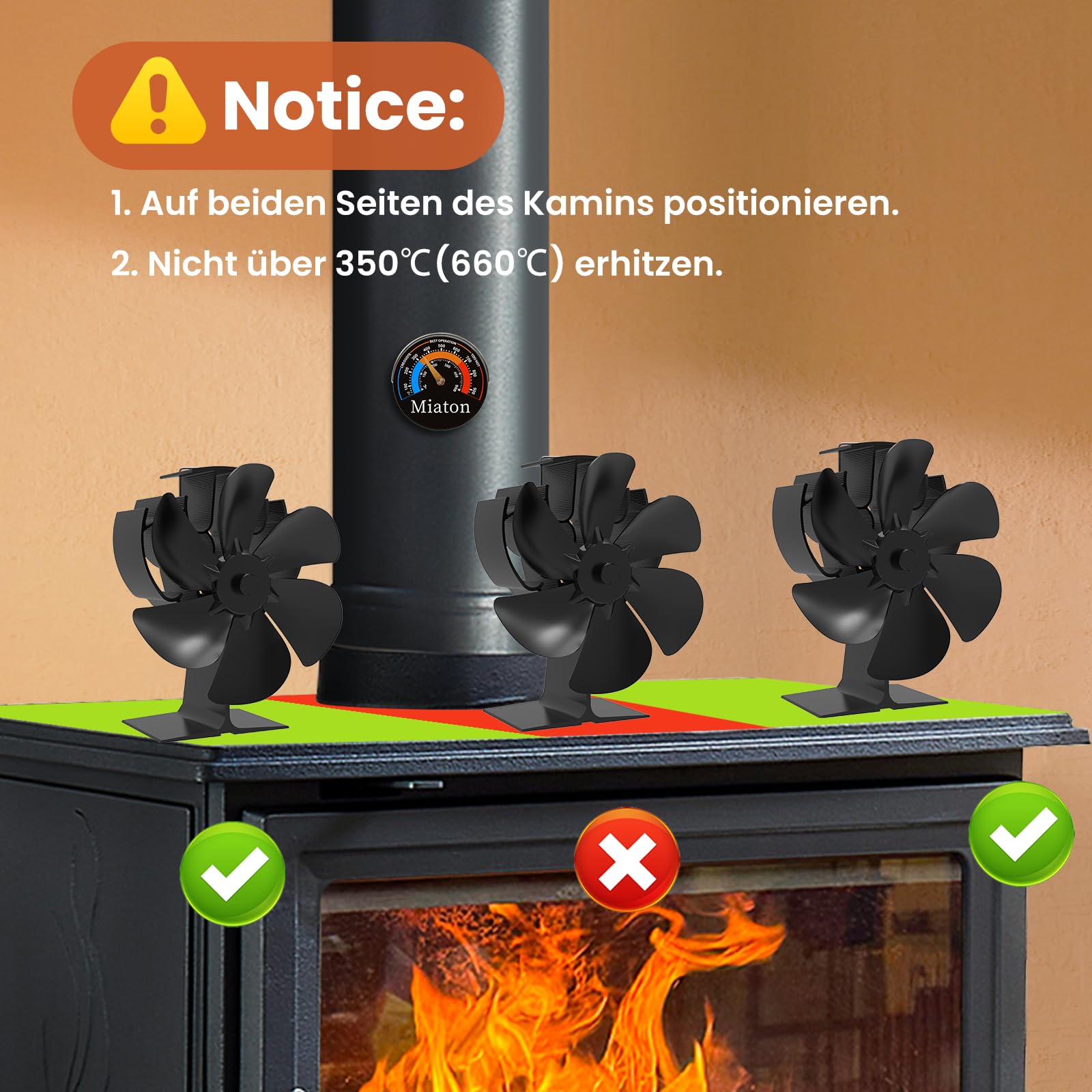 Wentylator do pieca kominkowego 6 łopatek z magnetycznym termometrem