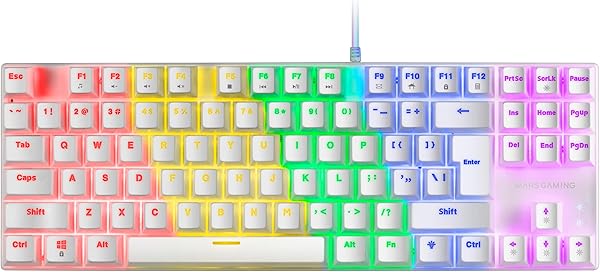 Mars Gaming MK80, Idioma US, Teclado Gaming Mecánico TKL Compacto con Switch Azul, Iluminación Rainbow RGB, Teclas Doble Inyección, Modo Juego y Anti-Ghosting, Multiplataforma, Blanco - 1