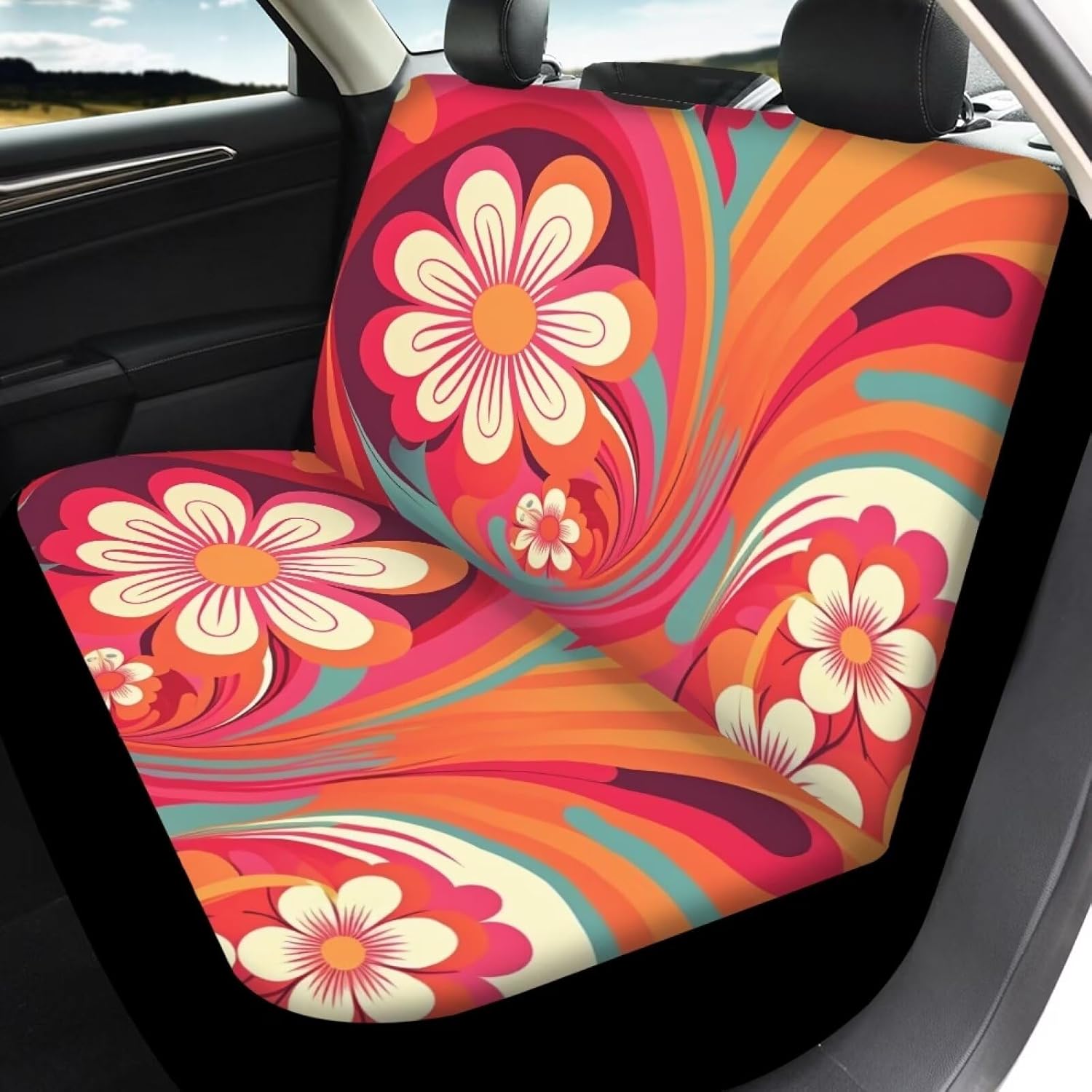 PinUp Angel Red Orange Pink Floral Print Car Seat Covers Full Set, Floral Seat Covers for Cars, Car Seat Protector, Car Seat Covers Front Seats and Rear Fit for Most Cars