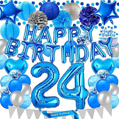 Miniatura 1 de Decoraciones azules de cumpleaños número 24, banderines y decoración para tartas, globos de látex con confeti número 24, faroles de papel para