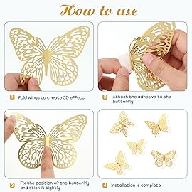 3D Gold Butterfly Wall Decor 3 Sizes 4 Styles Butterfly Party Decorations Cake Decorations Removable Stickers Wall Decor Room Mural Metallic Kids (Gold, 48Pcs)