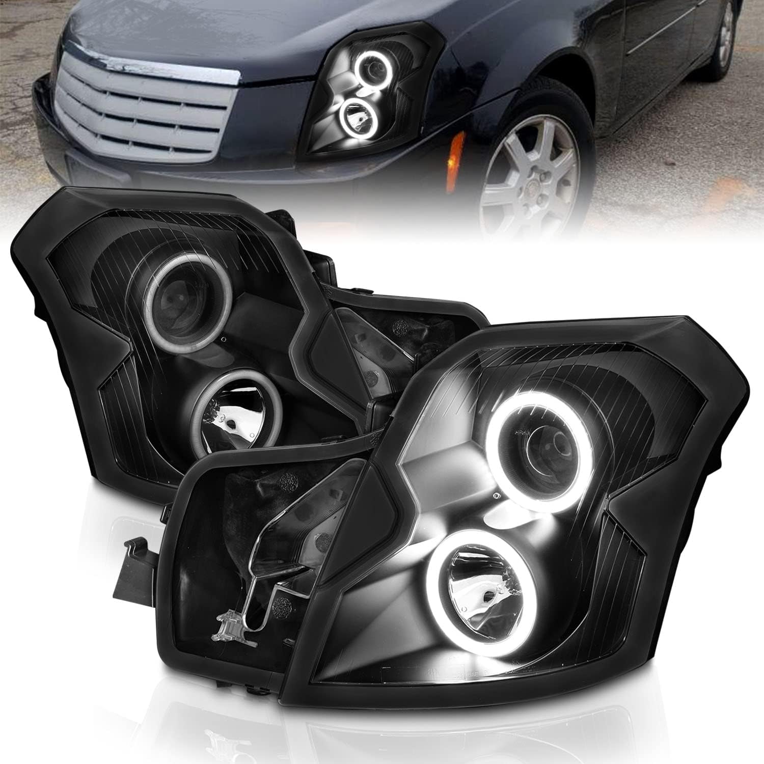AmeriLite Xtreme LED Halos Projector Headlight Assembly Pair for 2003–2007 Cadillac CTS
