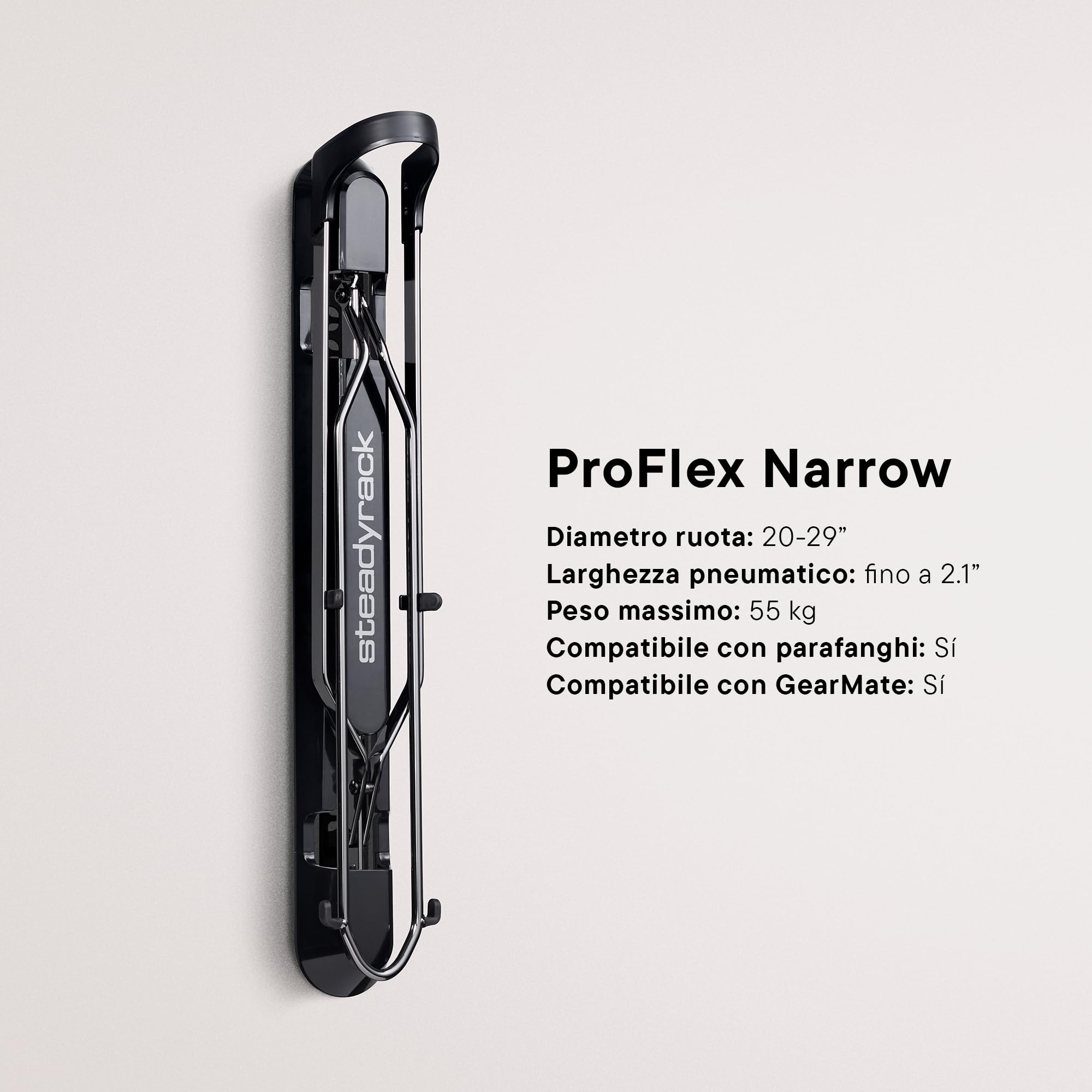 Steadyrack ProFlex Narrow Bike Rack – Supporto da Parete Verticale per Biciclette – Adatto a Bici da Corsa, BMX, Gravel, con Parafanghi e altro – Include GearMate SteadySpine