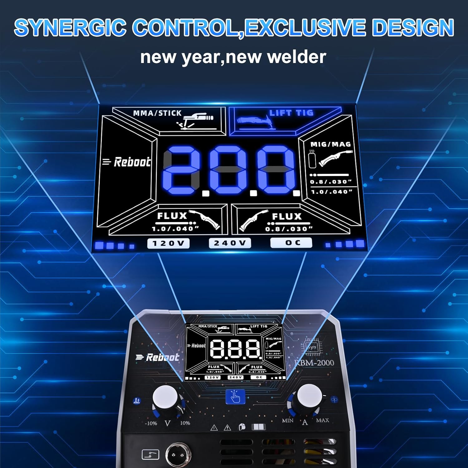 Close-up of the Reboot RBM-2000-42UK welder's control panel with LED display
