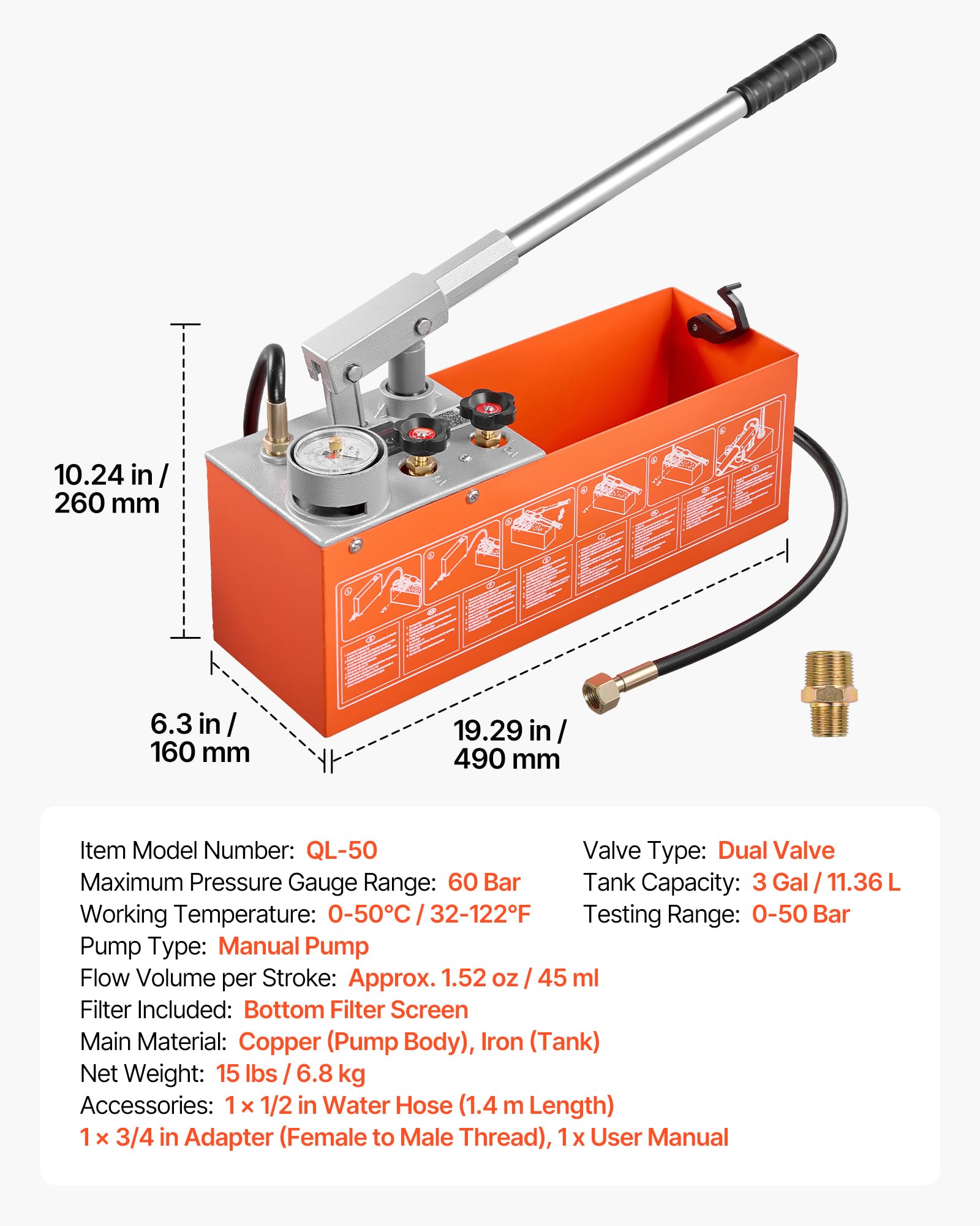 VEVOR Pompe Épreuve Manuelle 11,36 L Pompe Test Hydrostatique Double Valve