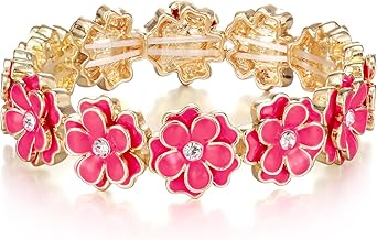 Ever Faith Women's Flower Bracelet, Vintage Enamel Hot Pink Floral Flowers Elastic Stretch Bracelets Adjustable Flower Jewelry for Wedding Prom Party