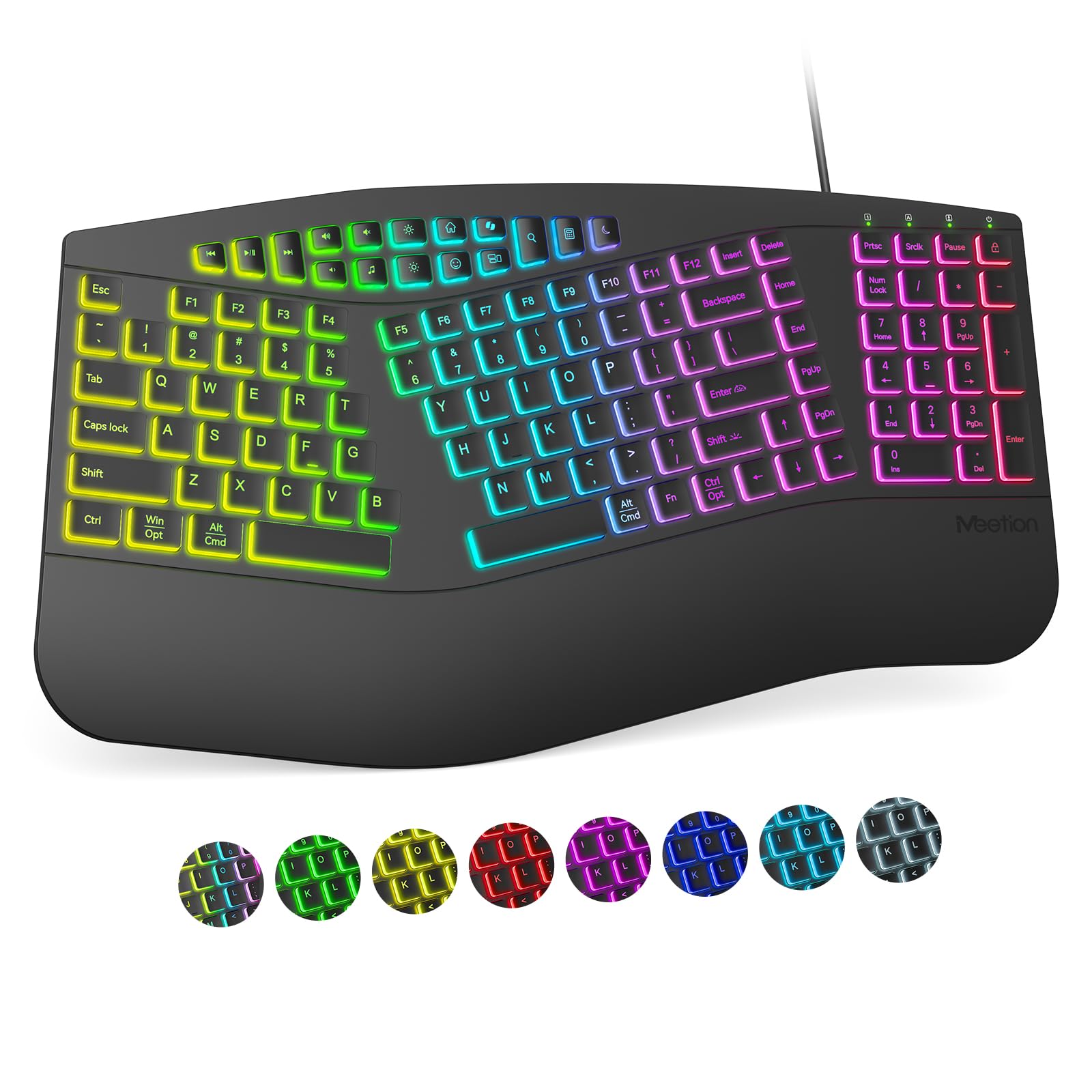 MEETION Ergonomic Wired Keyboard, 7 Colors RGB Backlit, 4 Adjustable Brightness & 2 Modes Light Up, Comfortable Natural Ergo Split USB for Windows Mac Computer Desktop Laptop, Black