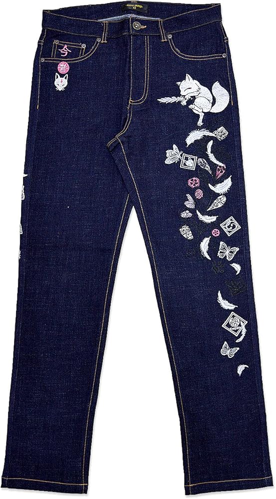 Amazon | (コンジャク)今昔 羽根の刺繍デニムパンツ (ネイビー