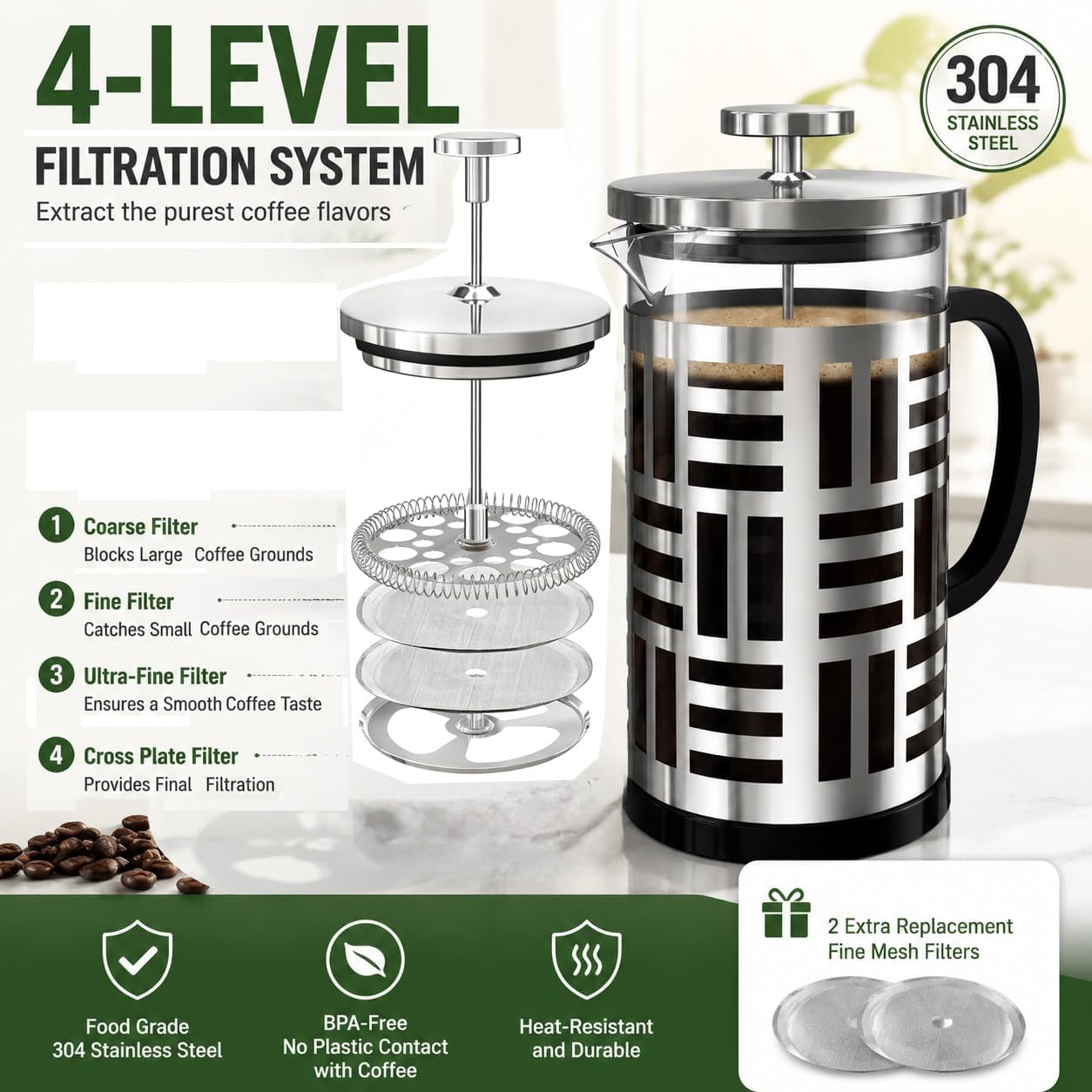 34 oz Brushed Stainless French Press, Borosilicate Glass French Press