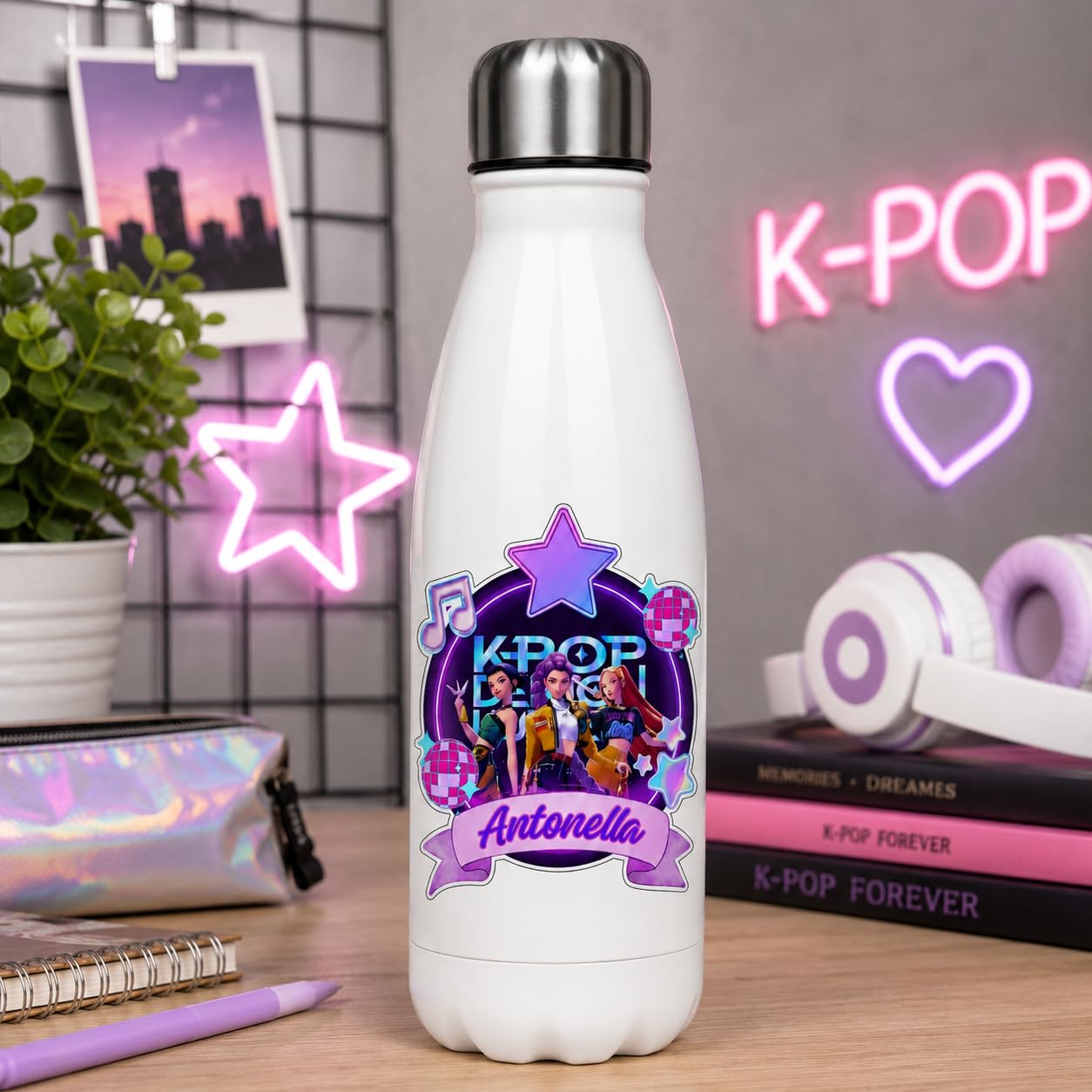 Borraccia Personalizzabile K Pop Dem-on Hunters 500ml In Acciaio Inox Termica - Con Nome Personalizzato - Idea Regalo Per Bambini E Ragazzi