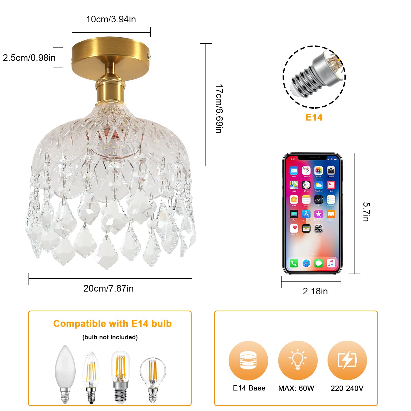 DELIPOP Lustre Plafonnier en Cristal, E14 Moderne Lampe de Plafond Design Cage, Doré Rétro Luminaire Plafonnier pour Chambre Salon Couloir Cuisine Salle à Manger