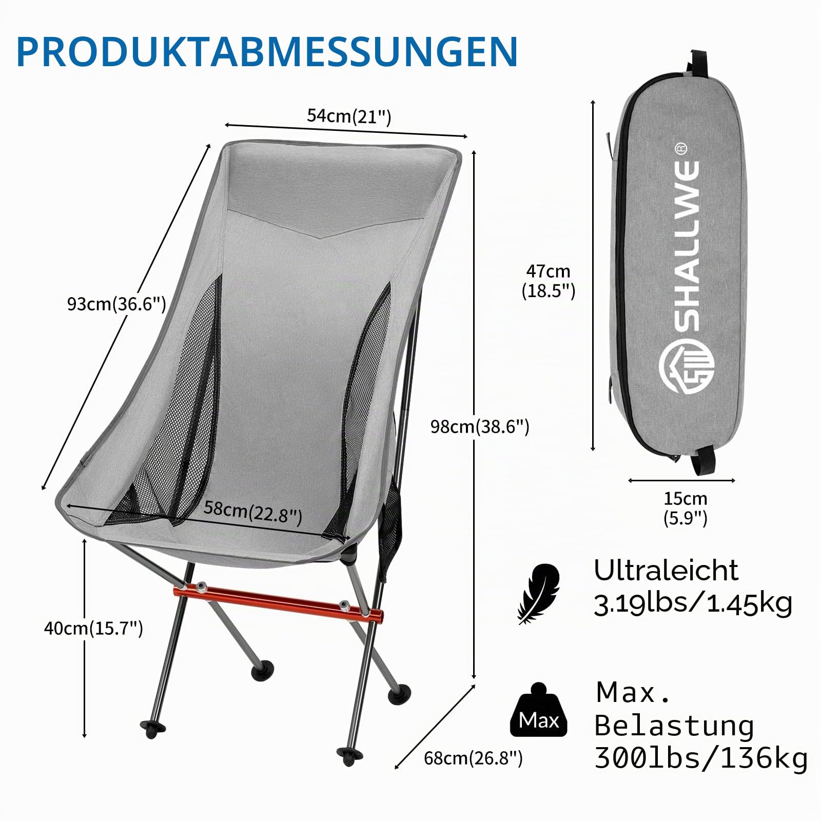 SHALLWE Klappbarer Campingstuhl mit hoher Rückenlehne, Aluminium-Struktur, Seitentasche, Tragetasche, kompakt für Outdoor-Rucksackreisen (Grau)