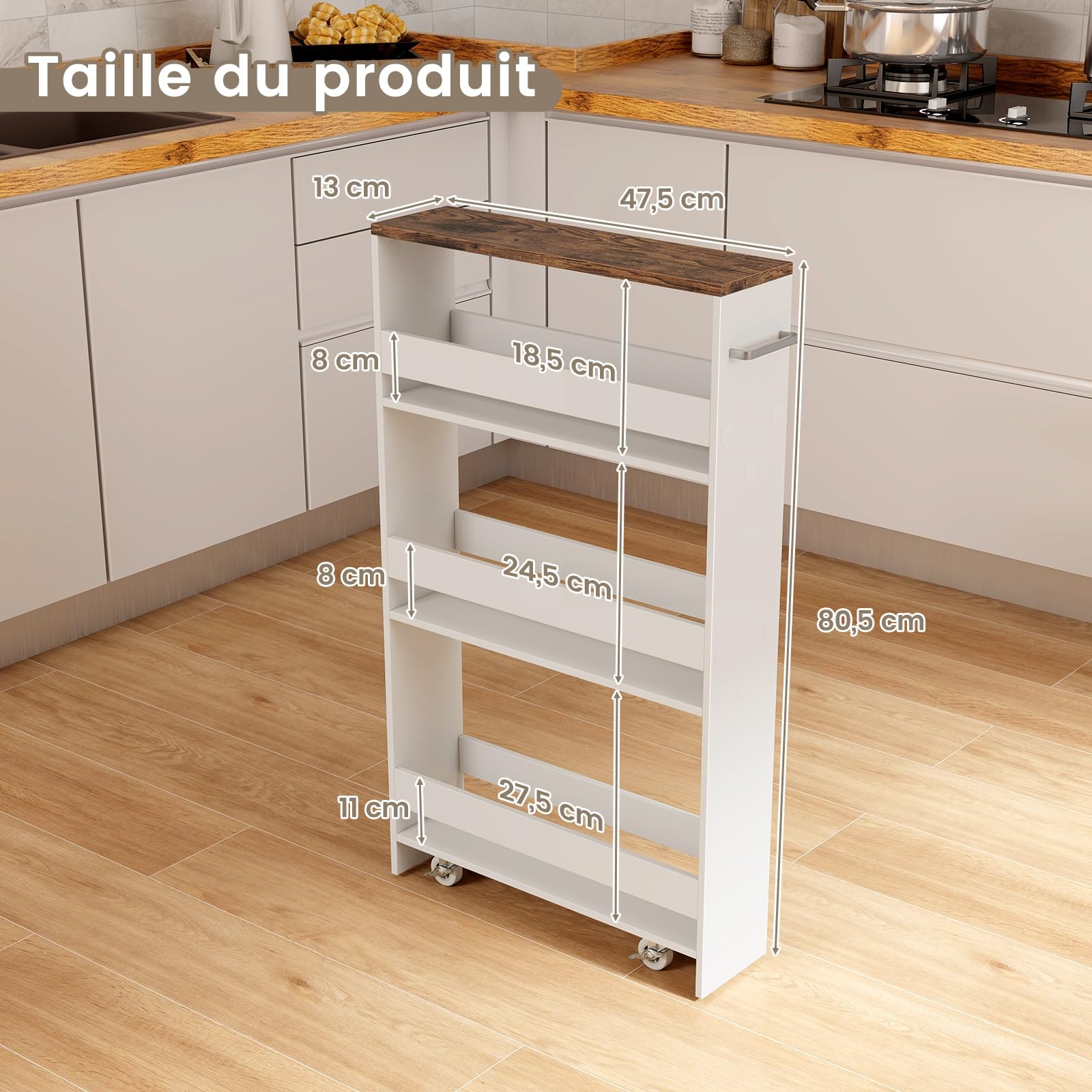 COSTWAY Chariot de Rangement 13 cm à roulettes, Desserte de Cuisine Etroit à 4 Niveaux avec Poignée Latérale et Roues Universelles avec Freins, Design Étroit pour Petit Espace (Blanc + Indstriel)