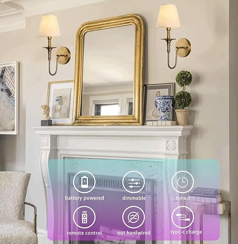 Miniatura 3 de Antique Wall Sconces Battery Operated Set of 2,No Wiring Rechargeable Wall Lights with Remote, Brass Vintage Fabric Shade Wall Lamp Fixtures Gold