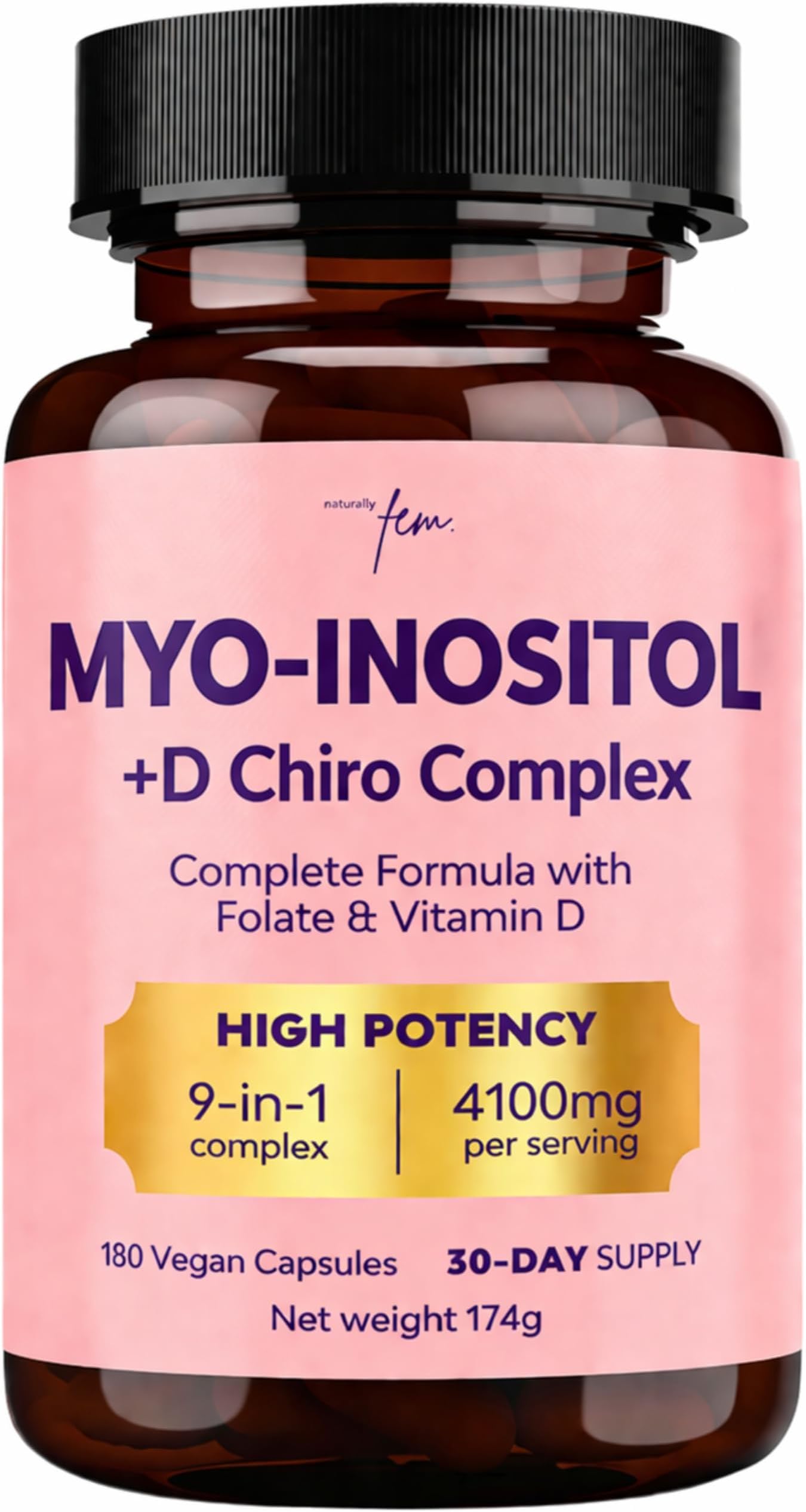 Myo-Inositol & D-Chiro 4100MG Vegan Capsules, Metabolic Function, Hormonal Balance and Psychological Function, 9-in-1 Myo Inositol, Folate 5-MTHF, Chromium, Zinc, VIT B6, B12 & D3