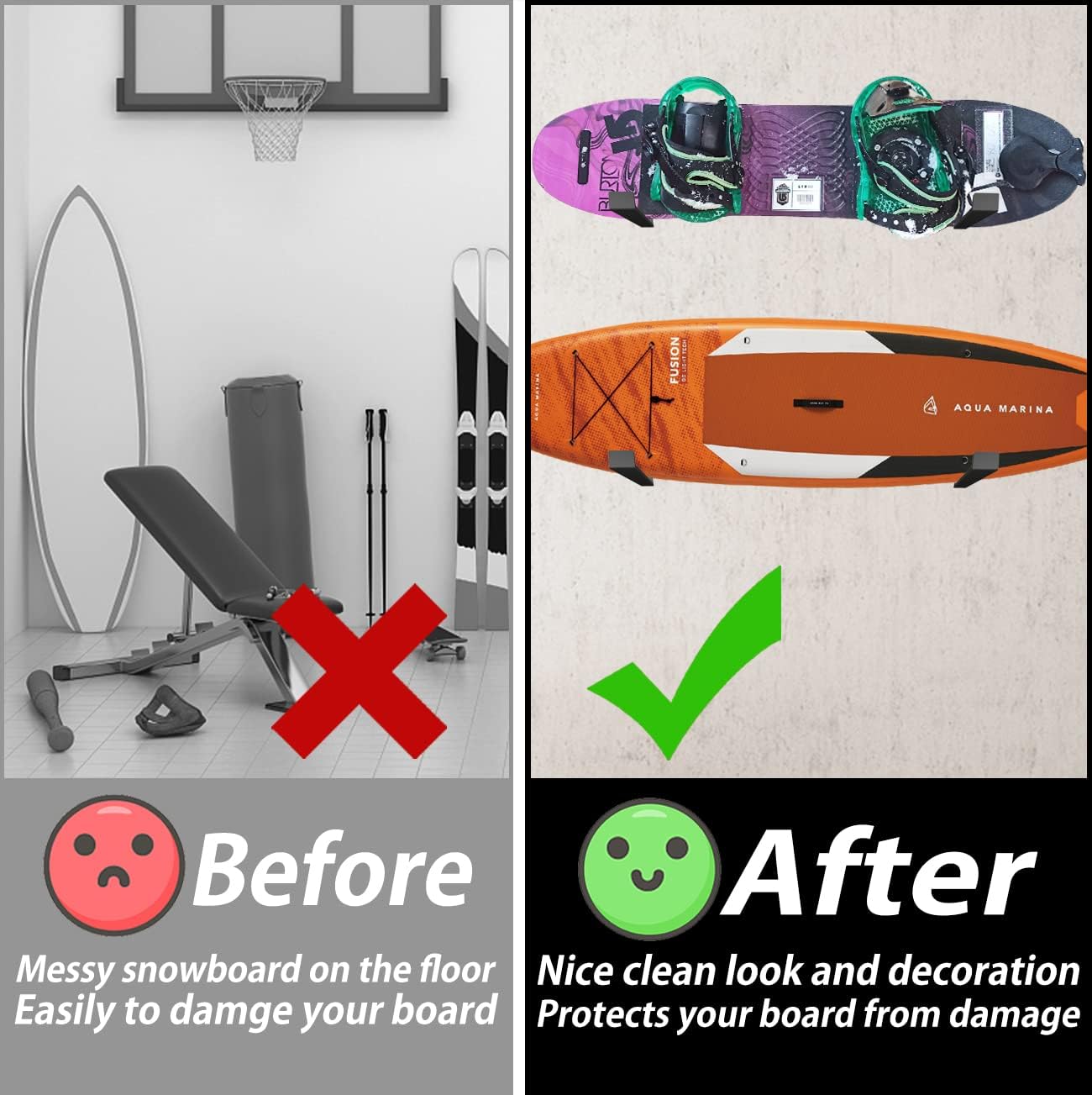 MTKITDER Snowboard Display Rack Wall Mount Home and Garage Storage Shelf Brackets Indoor Steel Metal Hooks Holder Hanger Large Decor Universal Ski Board Skateboard Surfboard Organizer Accessories : Sports & Outdoors