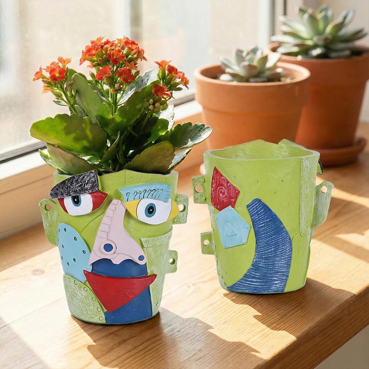 LCCCK Abstract Face Decorative Planter Pots Head, Funny Vintage Colorful Planter Face Flower Pot, Unique Cool Head Planters for Indoor Outdoor Patio Garden Art Decor