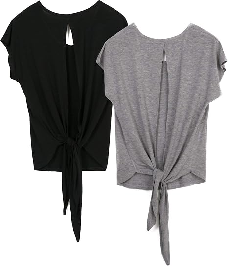 icyzone Open Back Workout Tops for Women - Athletic Activewear T-Shirts Exercise Yoga Shirts(Pack of 2) (S, Black/Grey) : Amazon.ae: Fashion