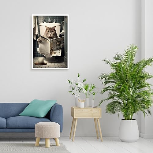 Miniatura 5 de KOEUIRW Divertido lienzo de baño de gato, arte de pared lindo de gato en el inodoro, impresiones de animales en blanco y negro, pintura maximalista